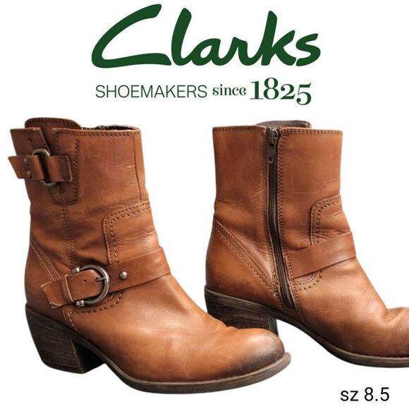 Clarks Shoes - Clark Tan Brown Distressed Leather Mascarpone Cafe Ankle Boots Cowgirl Shoes